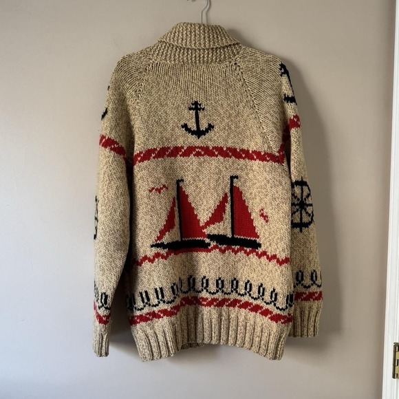 Vintage Sailing Wool Knit Cowichan Zip Cardigan 1950-70s cream red black - Picture 4 of 8